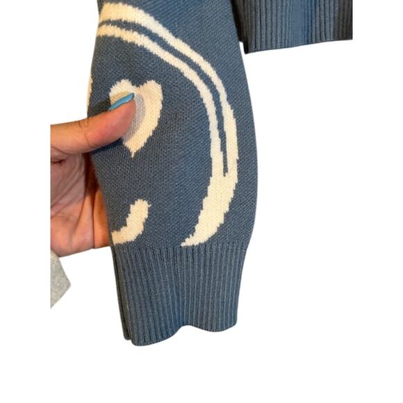 Debut Blue White Smiley Long Sleeve Crew Neck Cropped Knt Sweater Women Sz M - Picture 6 of 8